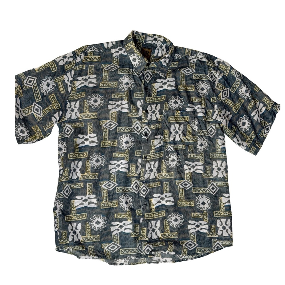 Bruno Silk Abstract Geometric Tribal Print Button Down Shirt Size XL